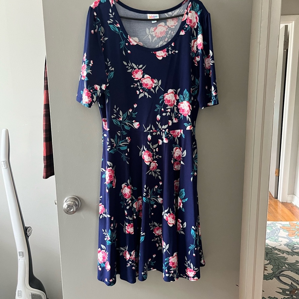LuLaRoe Navy Floral Midi Dress with Pink Roses